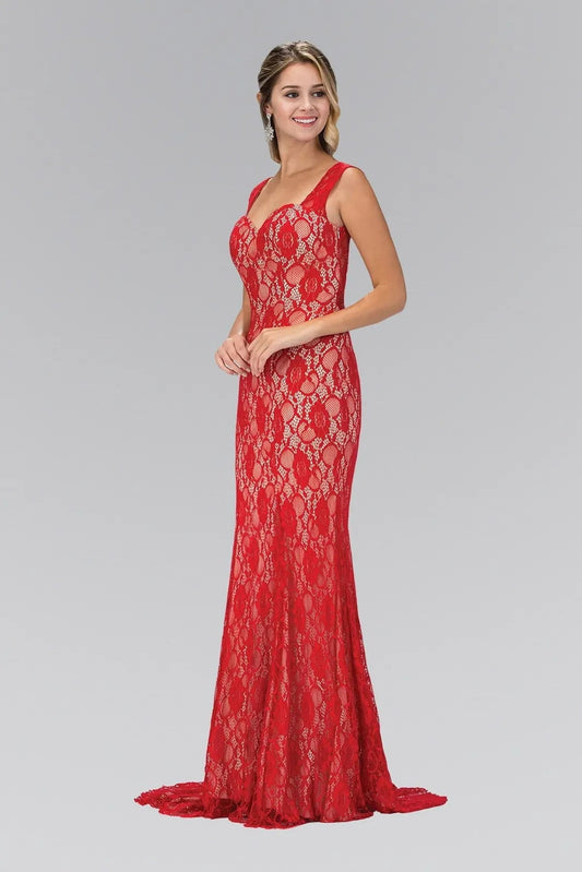 Full-length view highlights red/Nude lace formal dress.