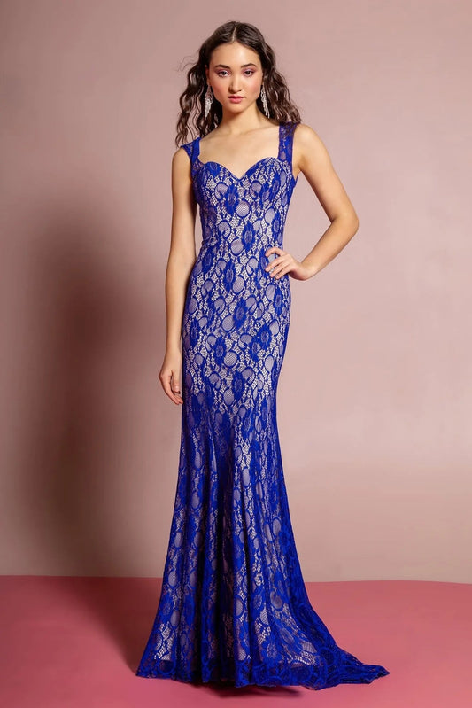 Side profile shows royal Blue/Nude lace formal dress side detail.