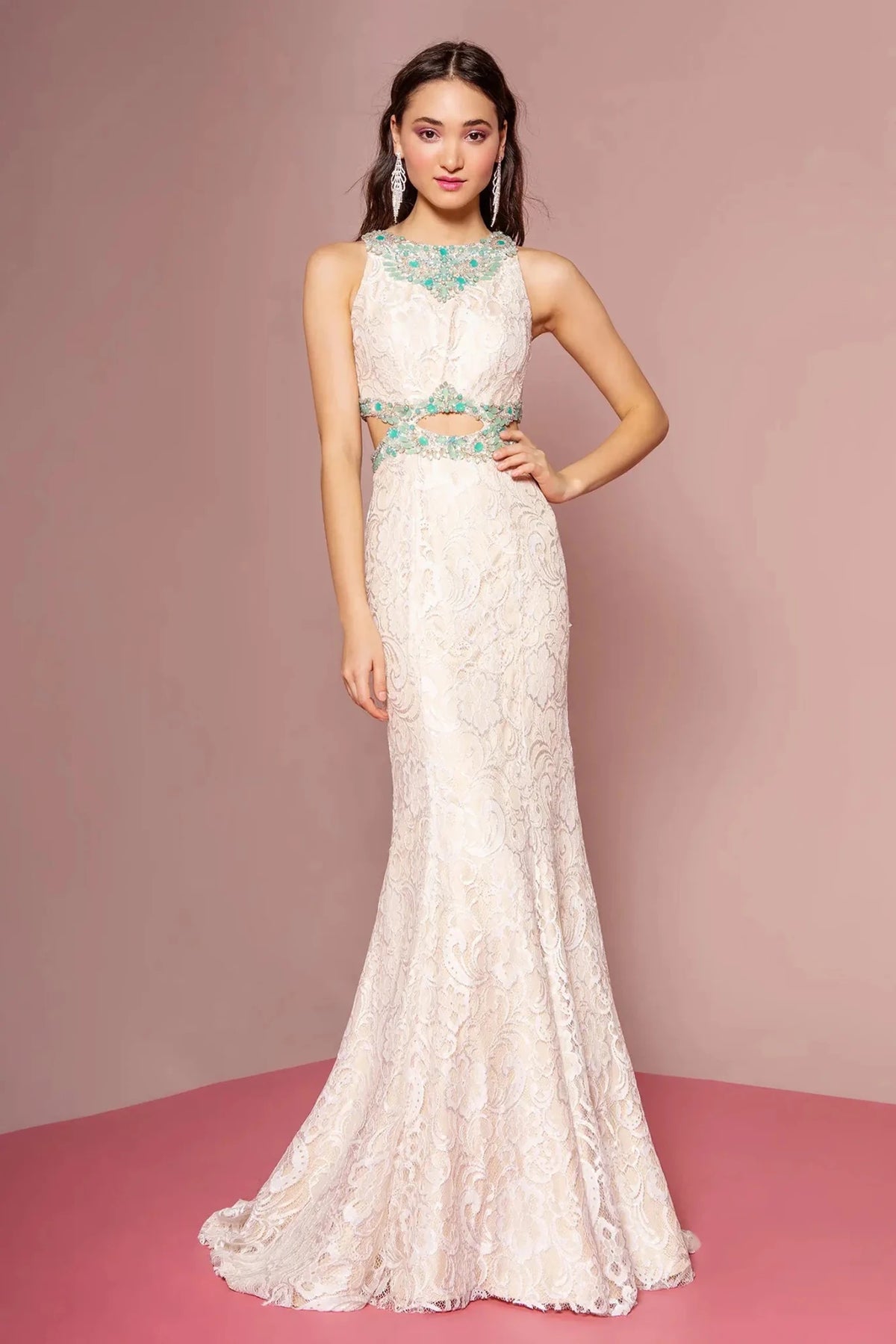 Ivory/Nude beaded prom evening dress full front