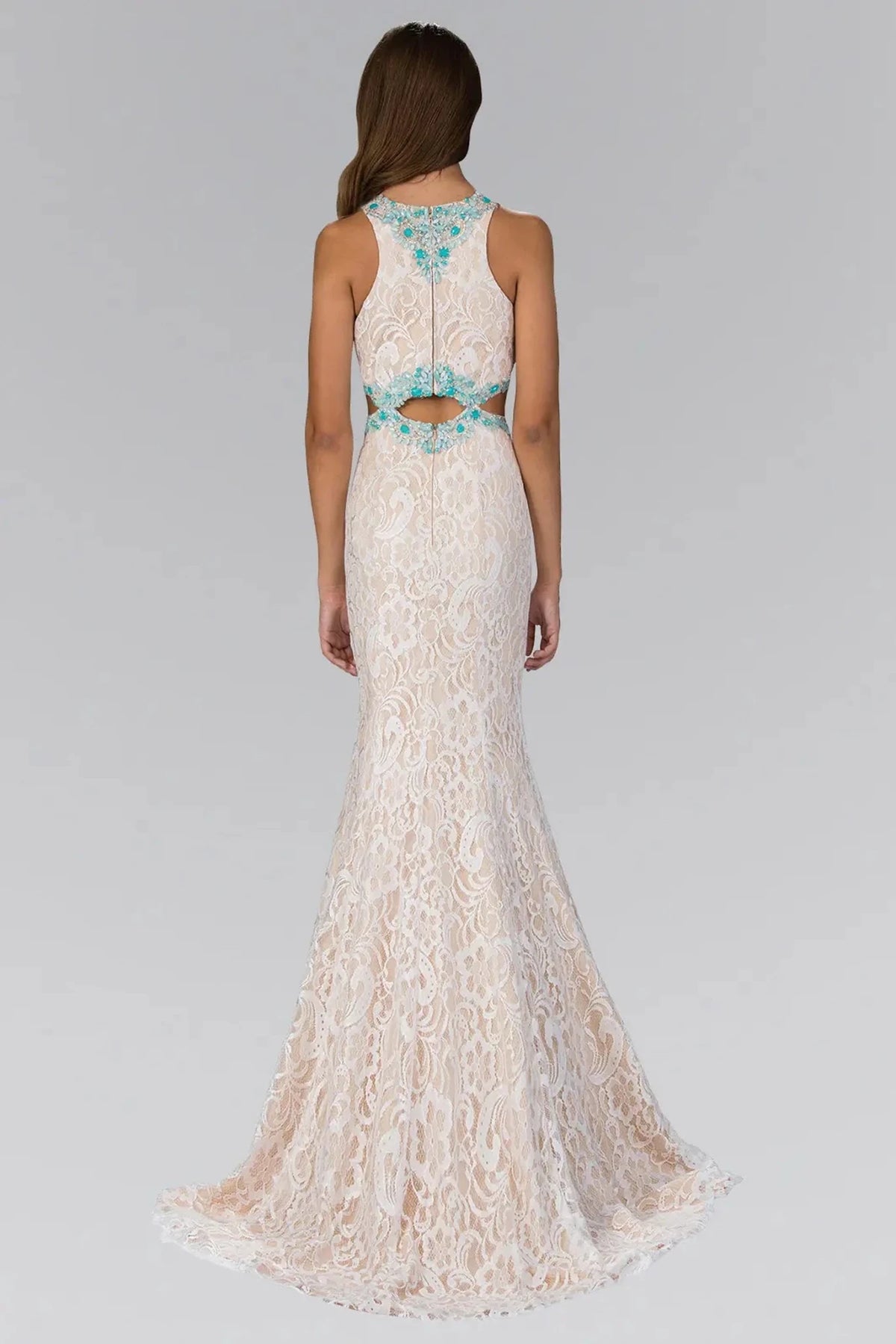 Ivory/Nude prom evening dress full back with back detail