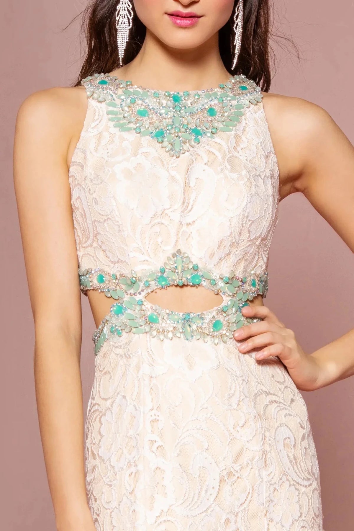 Ivory/Nude crew-neck prom evening dress upper front with jewel