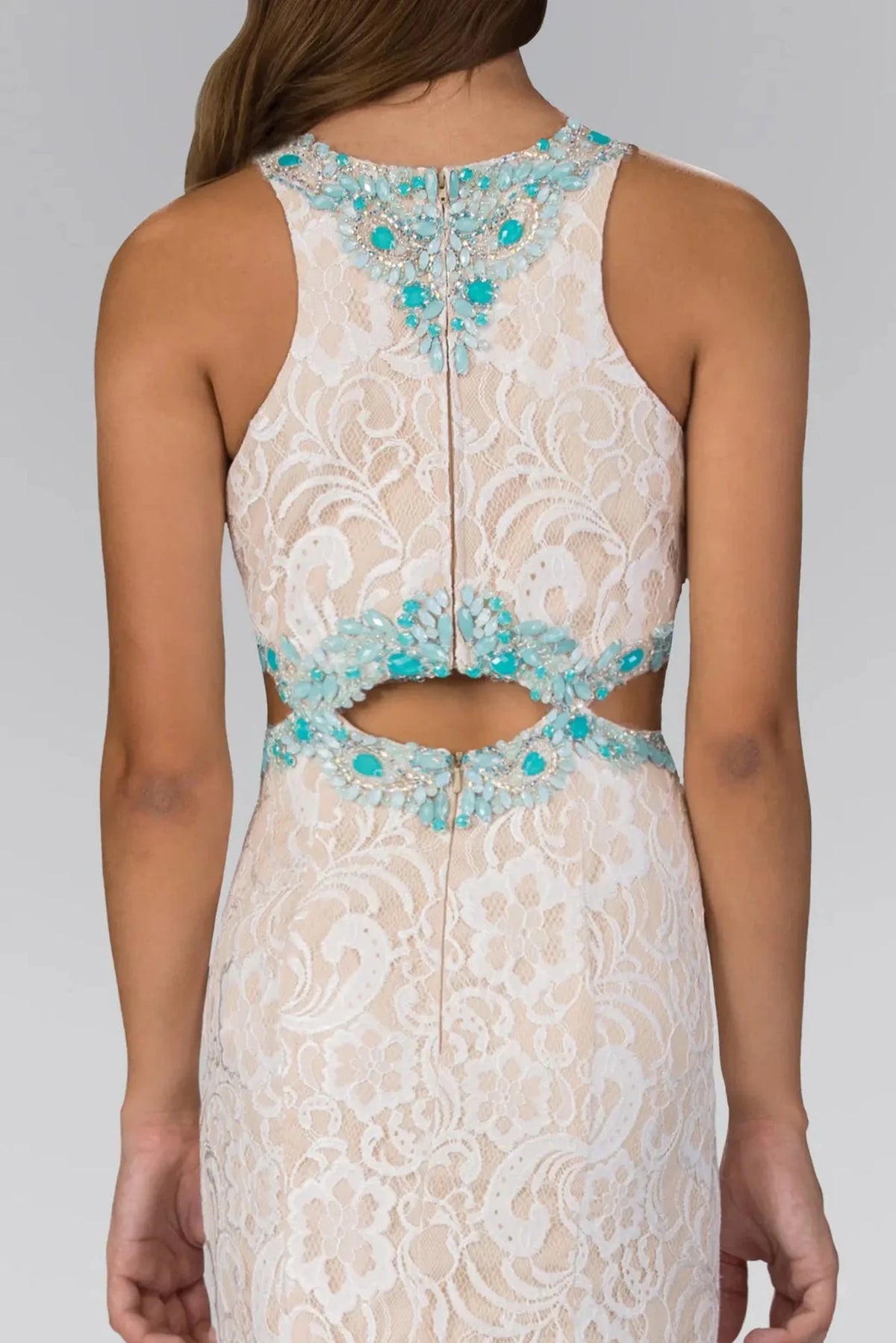 Ivory/Nude prom evening dress trumpet skirt detail