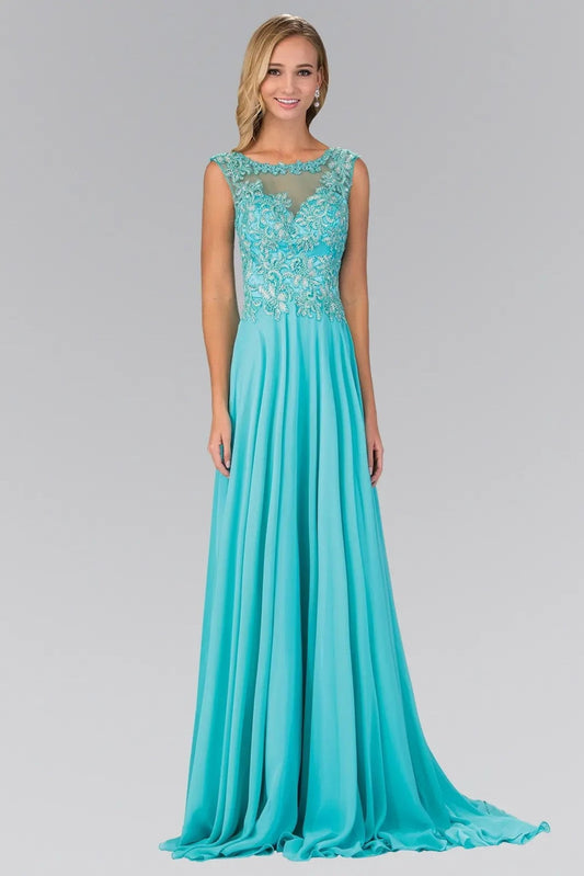 Full-length view highlights aqua beading formal dress.