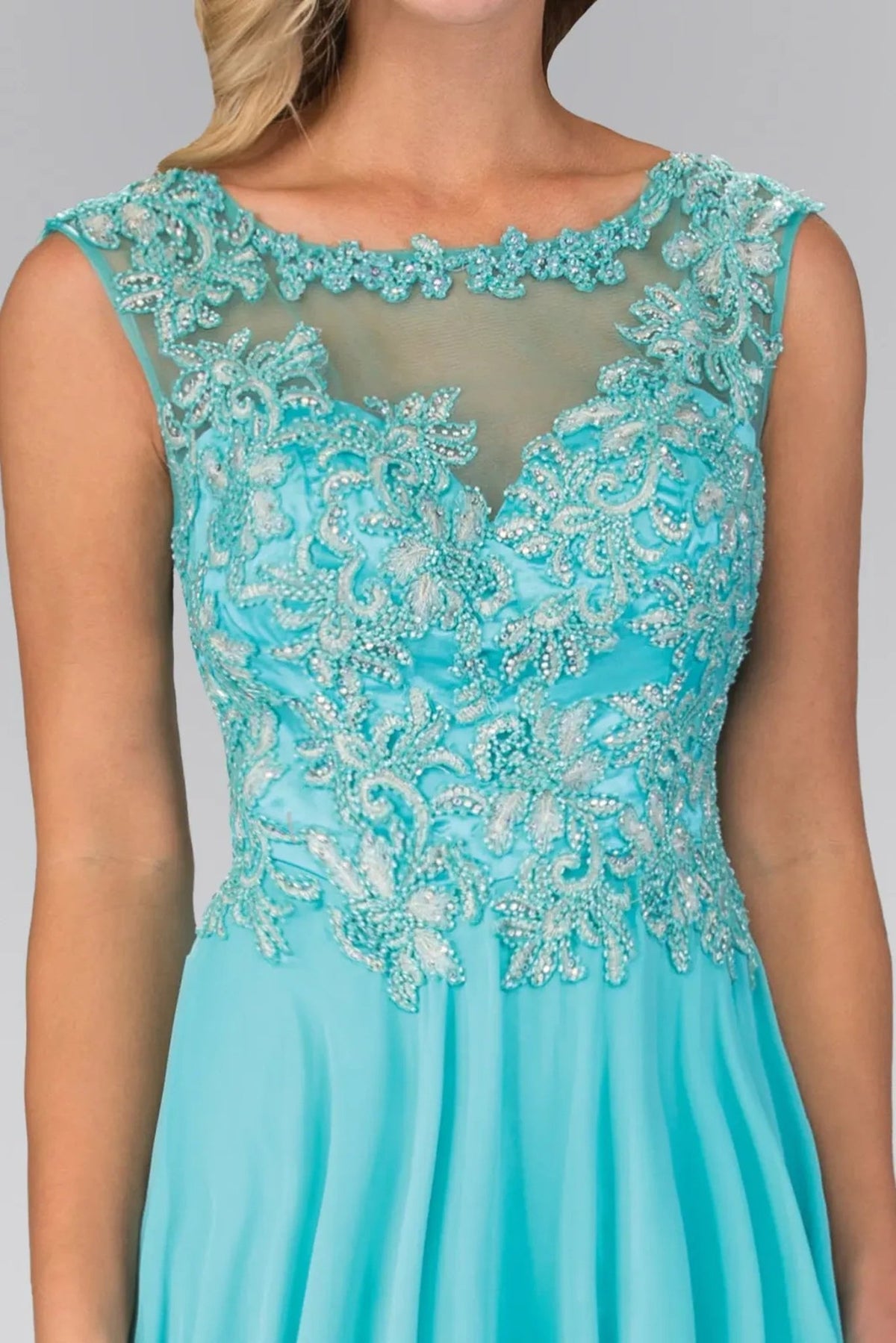 Aqua beading formal dress skirt detail