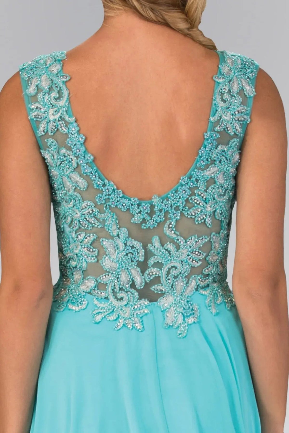 Aqua beading formal dress side detail