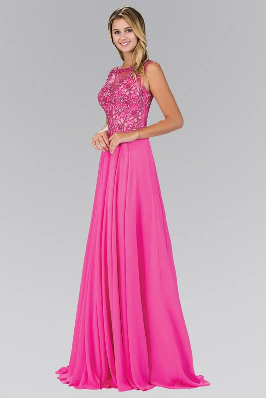 Rear view reveals hot Pink beading formal dress.