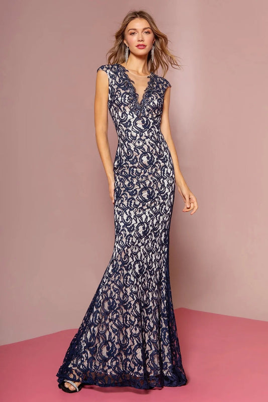 Detailed view highlights navy/Nude beading formal dress detail.