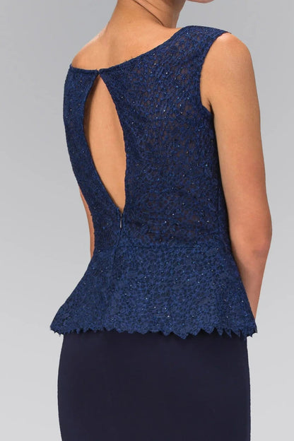 Back detail shows navy jersey, lace formal dress back bodice detail.
