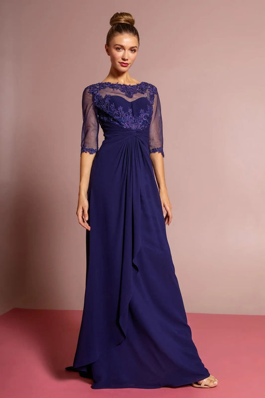 Back detail shows navy beading embroidery formal dress back bodice detail.