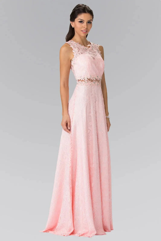 Full-length front view shows beaded styling on the Blush prom evening dress.