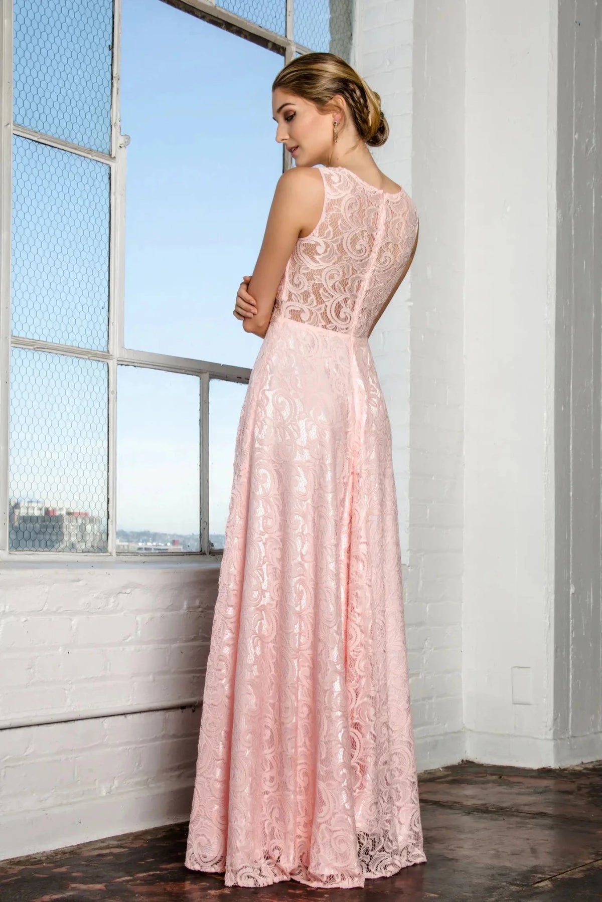 Blush prom evening dress full back with sheer back
