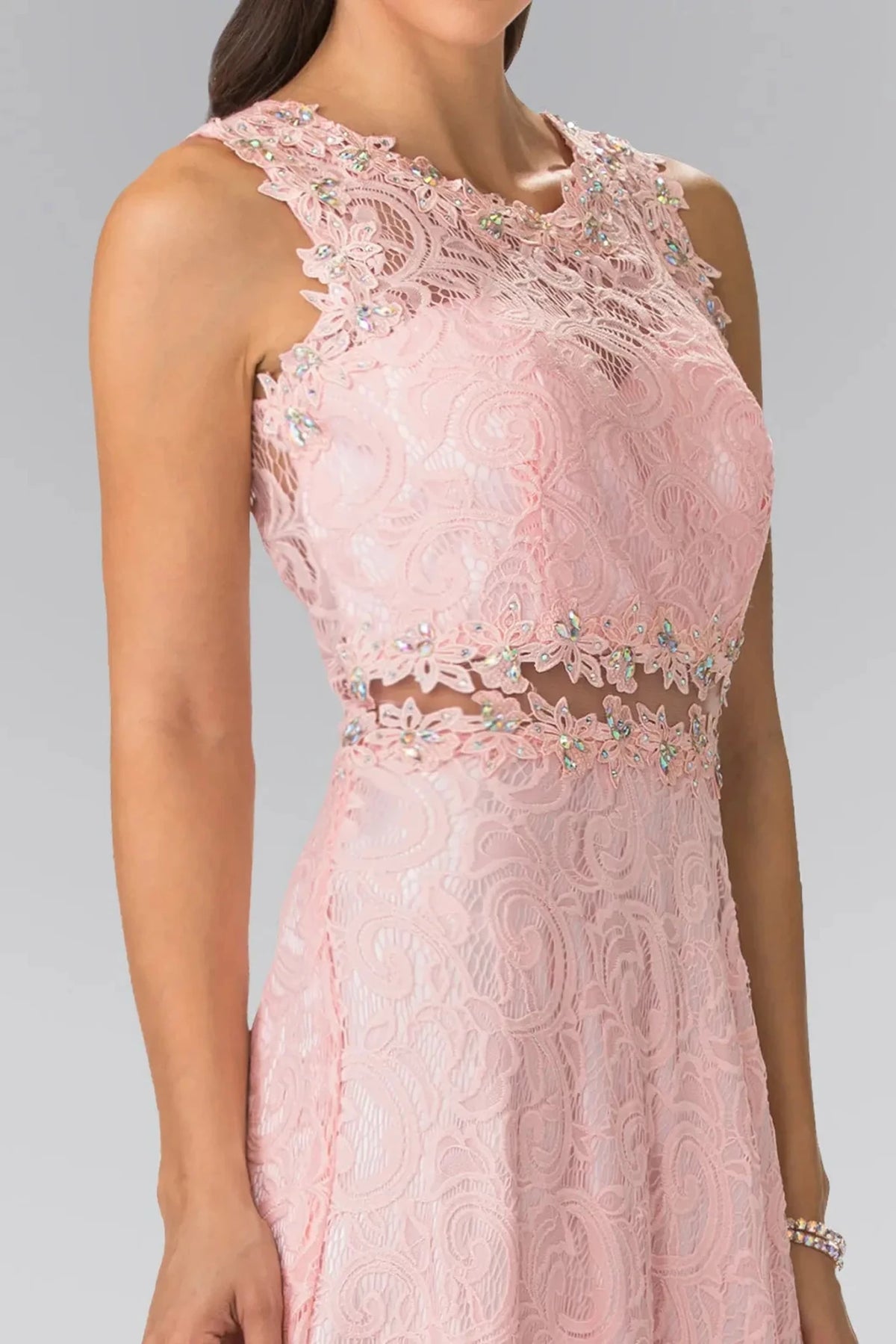Blush high neck prom evening dress upper front with beads