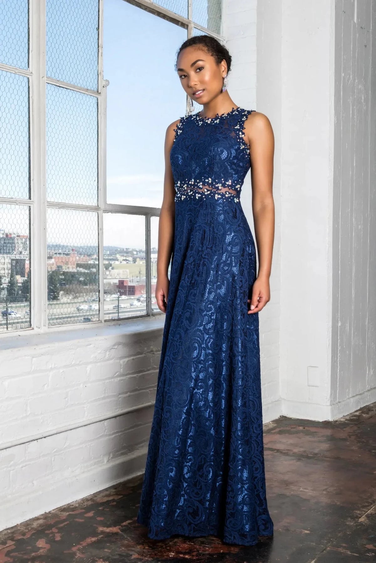 Navy beaded prom evening dress full front