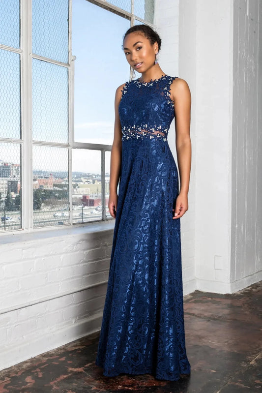 Full-length front view shows beaded styling on the Navy prom evening dress.
