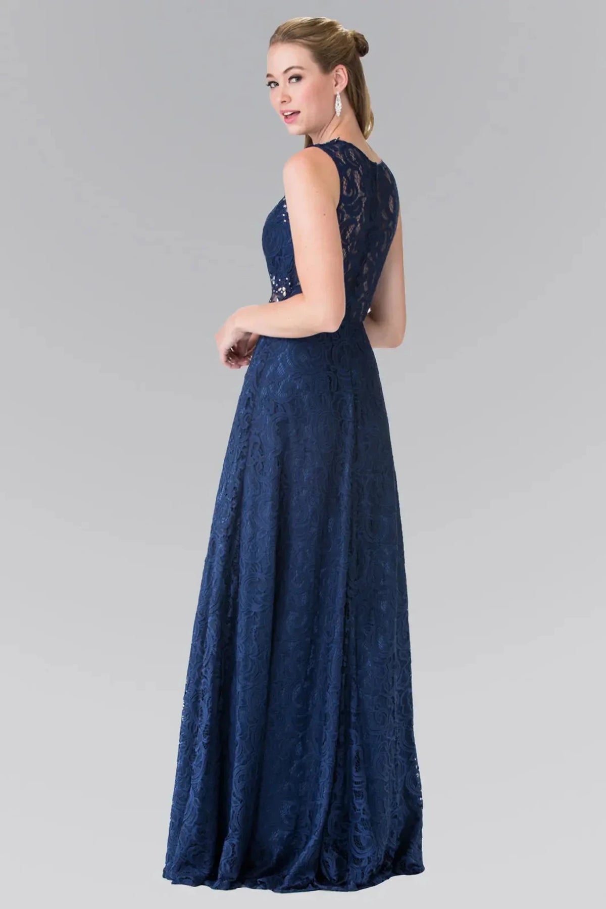 Navy prom evening dress full back with sheer back