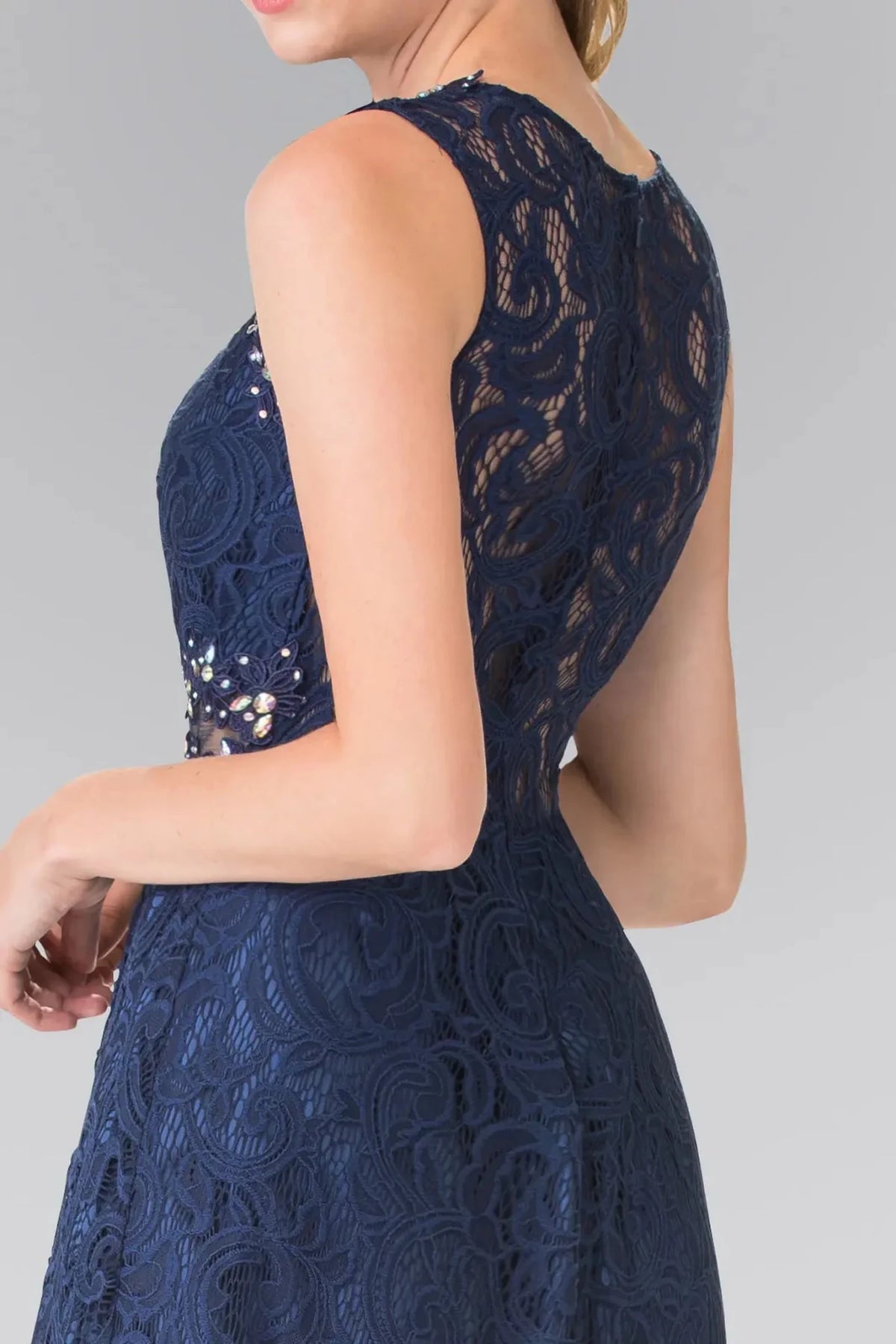 Navy high neck prom evening dress upper front with beads