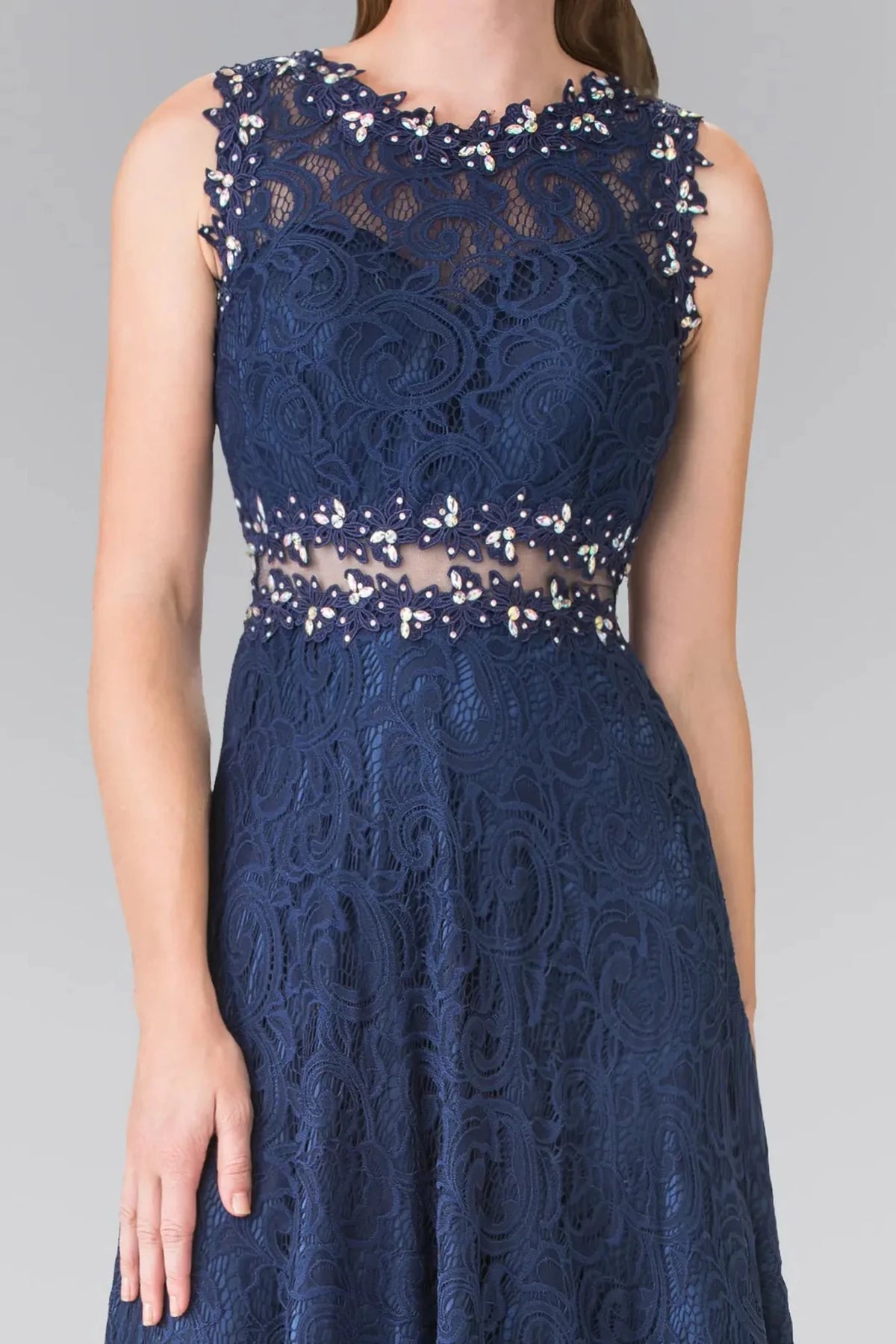 Navy prom evening dress a-line skirt detail