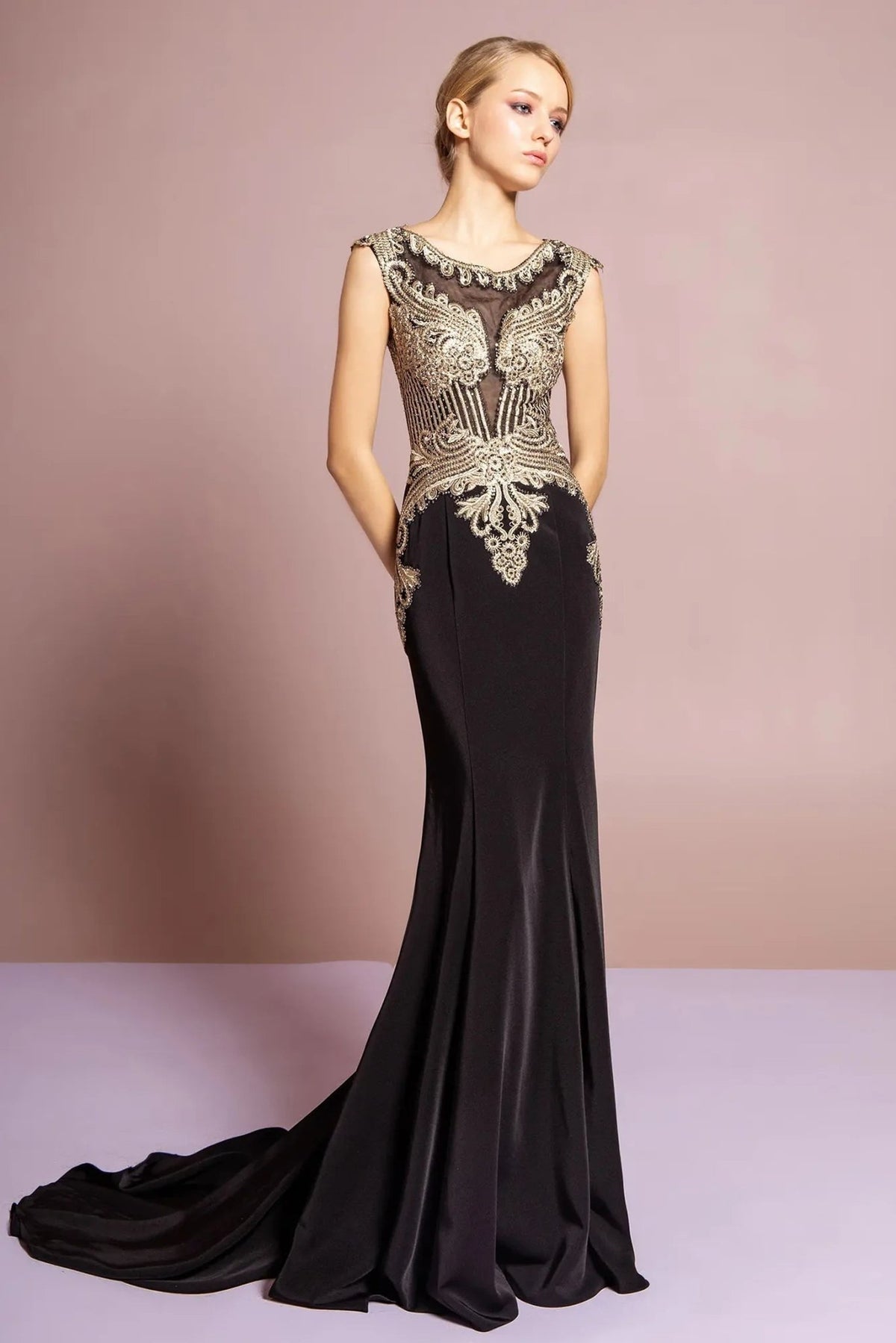 Black embellished embroidery formal dress front bodice view