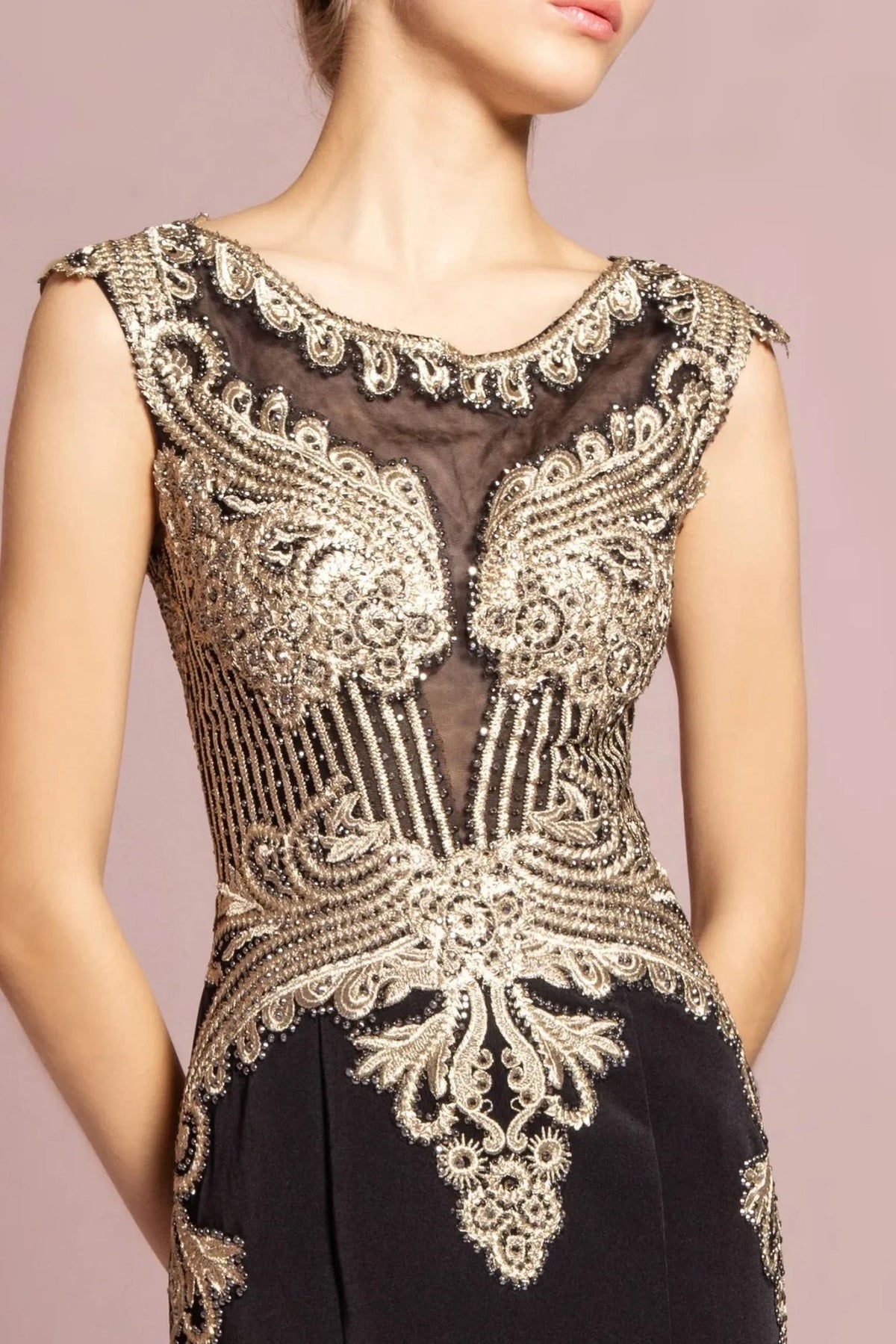 Black embellished embroidery formal dress side detail