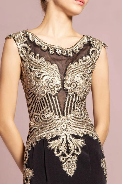 Side profile shows black embellished embroidery formal dress side detail.