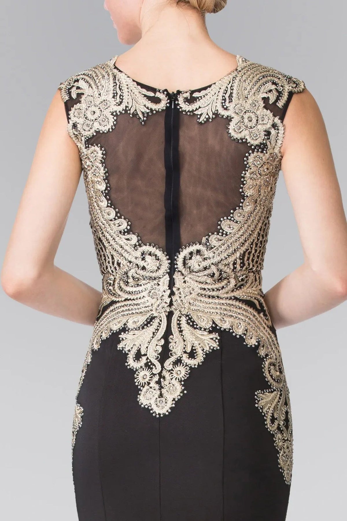 Black embellished embroidery formal dress back bodice detail