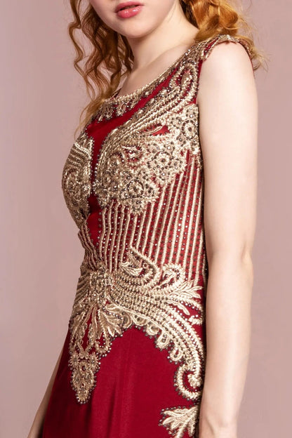 Full-length view highlights burgundy embellished embroidery formal dress.