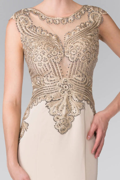 Bodice close-up highlights champagne embellished embroidery formal dress.