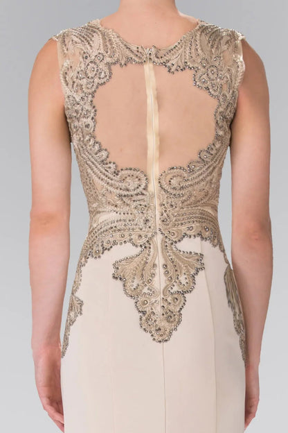 Back detail shows champagne embellished embroidery formal dress back bodice detail.