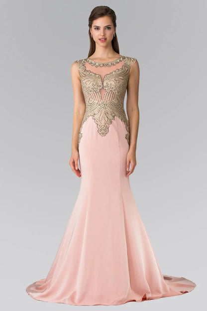 Bodice close-up highlights dusty Rose embellished embroidery formal dress.