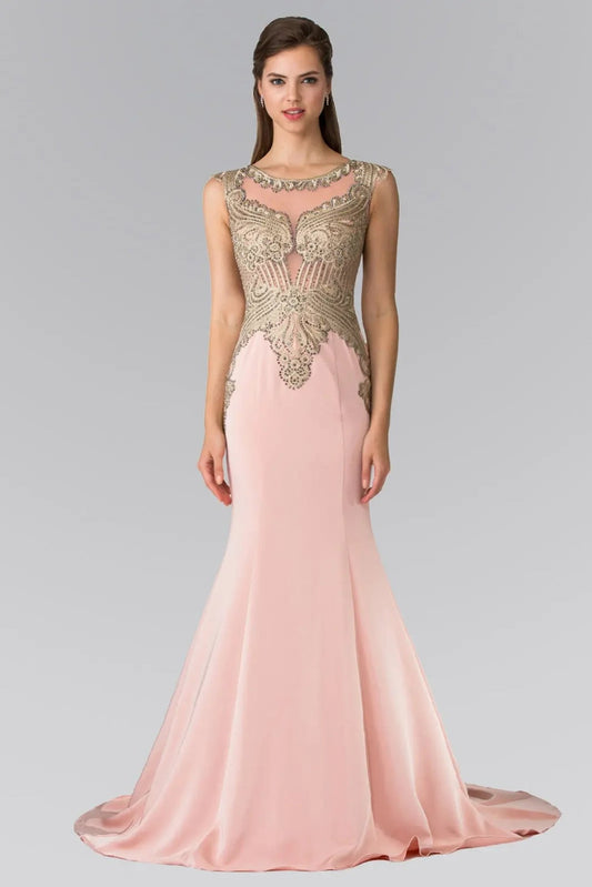 Bodice close-up highlights dusty Rose embellished embroidery formal dress.
