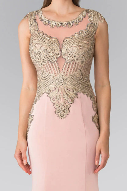 Back detail shows dusty Rose embellished embroidery formal dress back bodice detail.