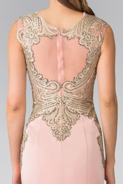 Side profile shows dusty Rose embellished embroidery formal dress side detail.