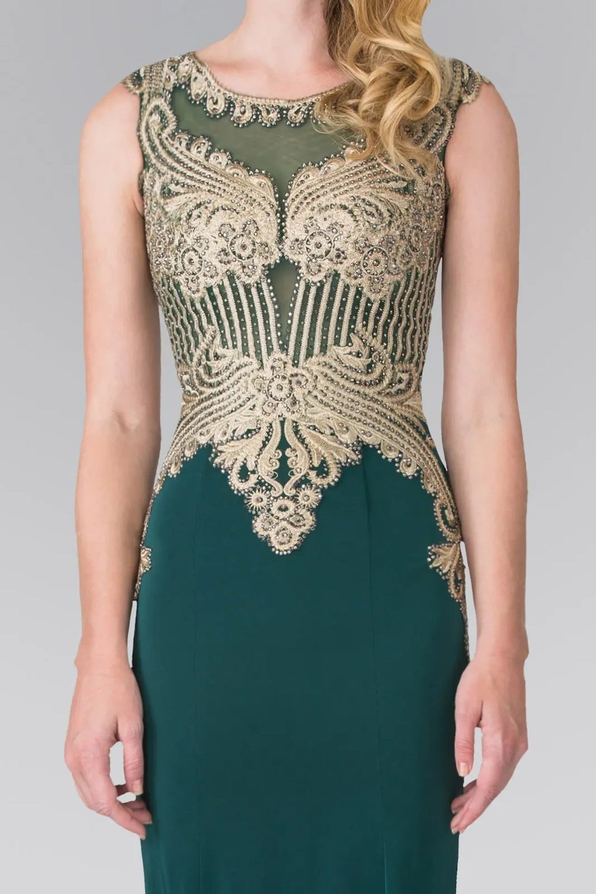 Green embellished embroidery formal dress back bodice detail