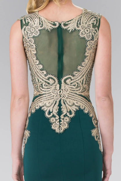 Skirt detail shows green embellished embroidery formal dress skirt detail.