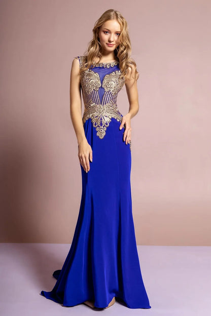 Full-length view highlights royal Blue embellished embroidery formal dress.
