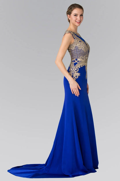 Rear view reveals royal Blue embellished embroidery formal dress.