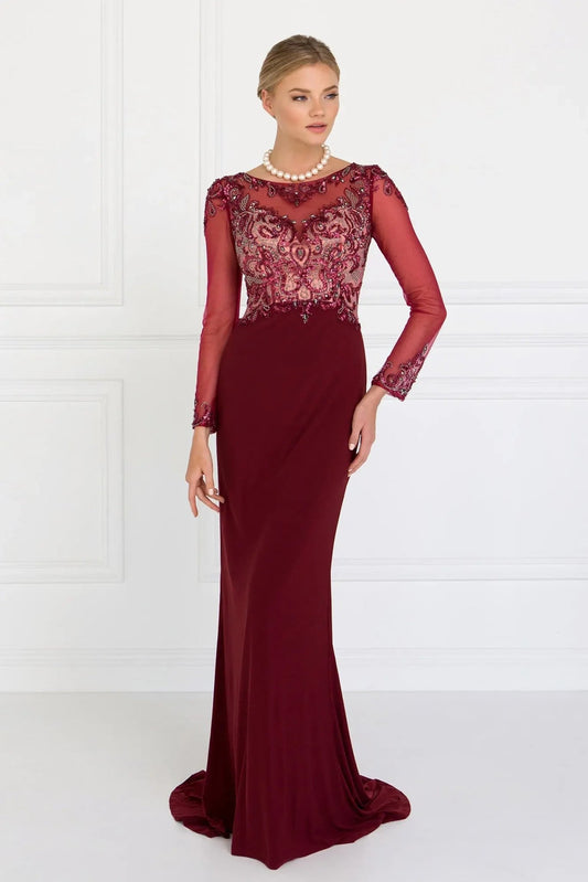 Full-length view highlights burgundy beading embellished formal dress.