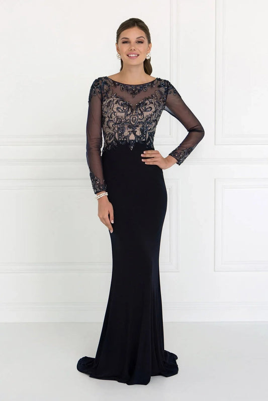 Full-length view highlights navy beading embellished formal dress.