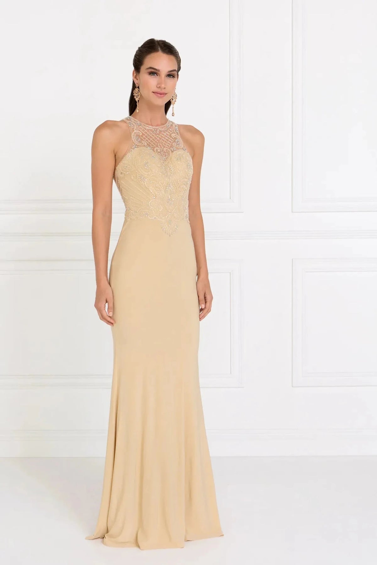 Champagne sequin prom evening dress full front