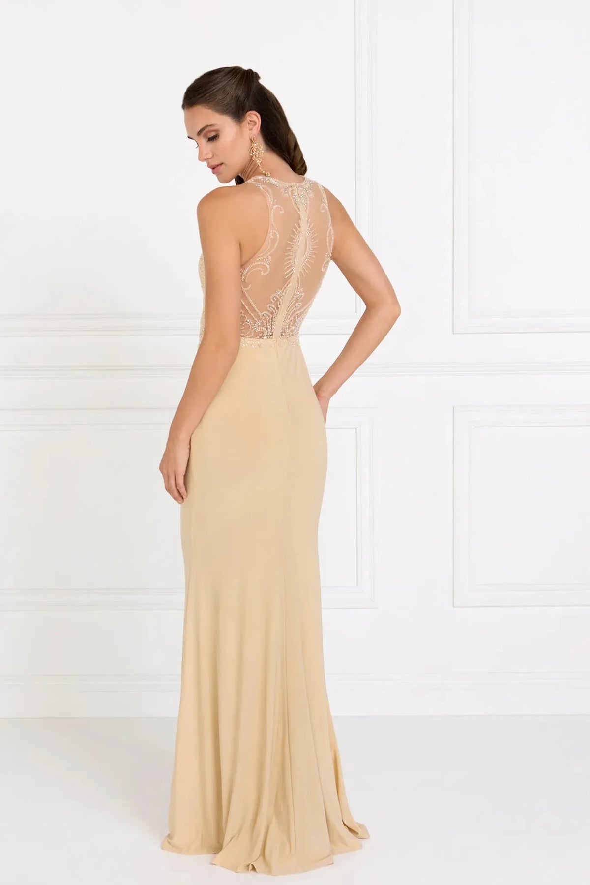 Champagne prom evening dress full back with sheer back