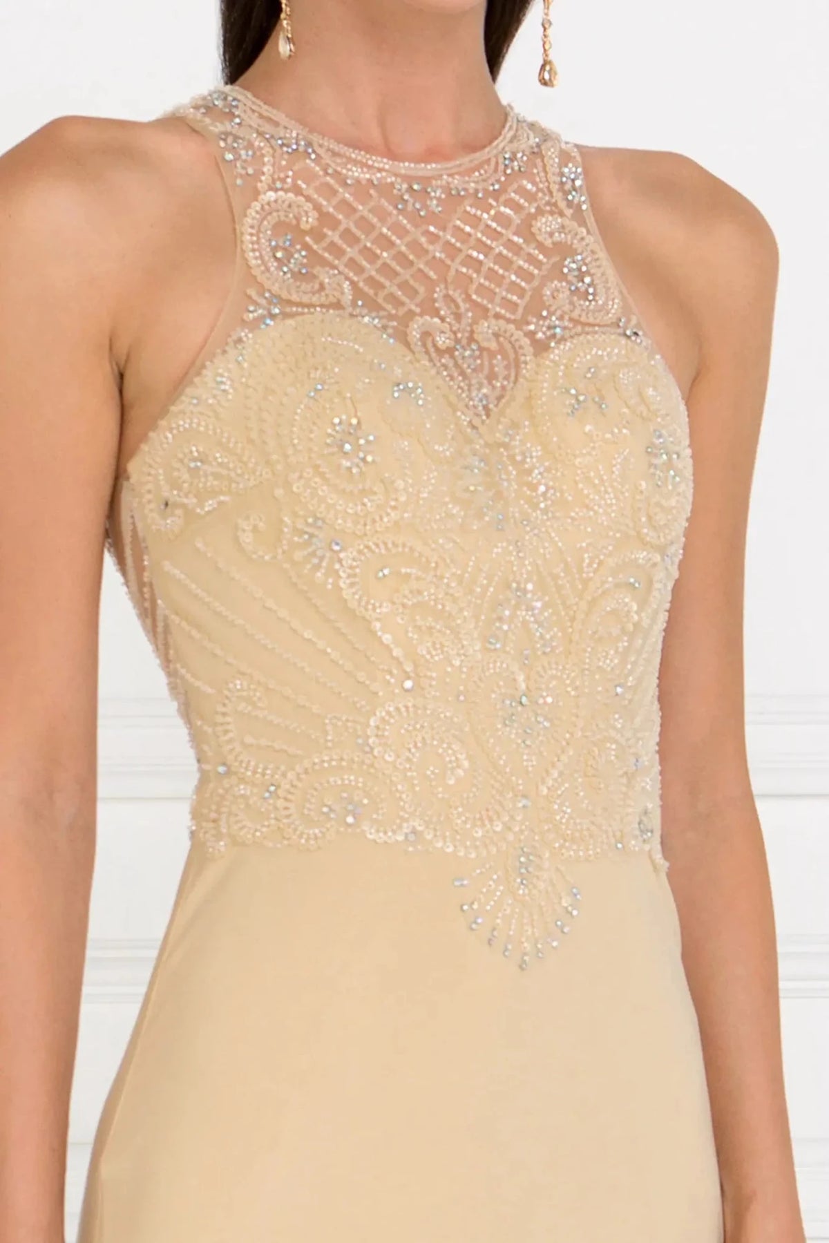 Champagne illusion sweetheart prom evening dress upper front with beads, jewel, sequin
