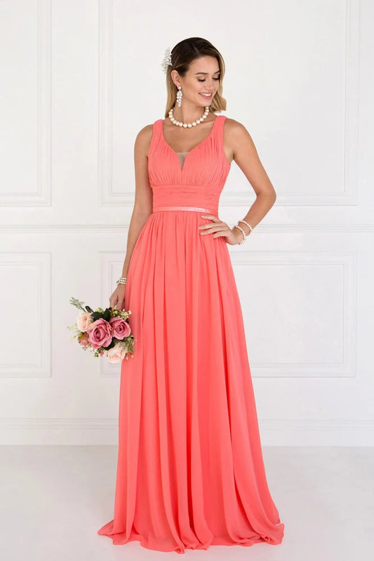 Back detail shows coral chiffon formal dress back bodice detail.