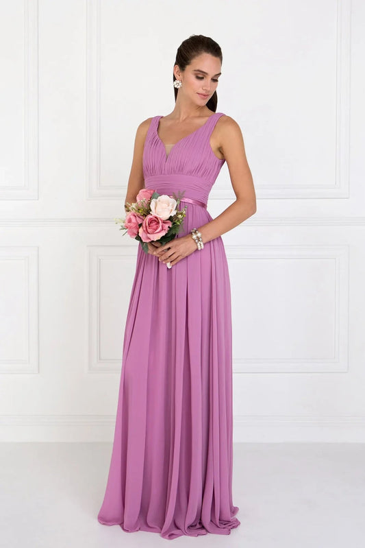 Skirt detail shows rose Pink chiffon formal dress skirt detail.