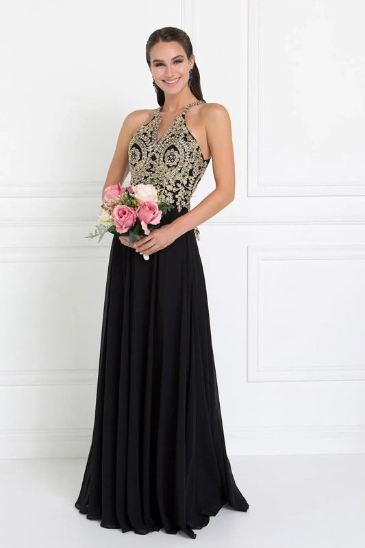 Skirt detail shows black embellished embroidery formal dress skirt detail.