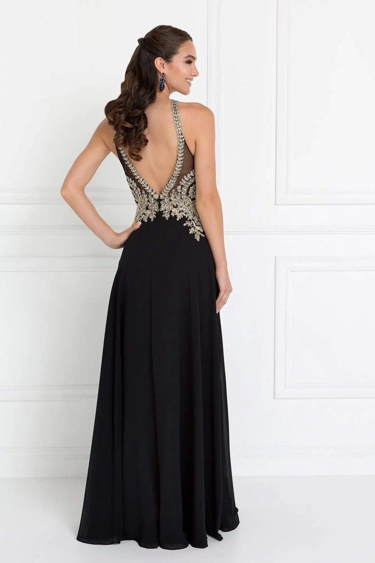 Black embellished embroidery formal dress back bodice detail