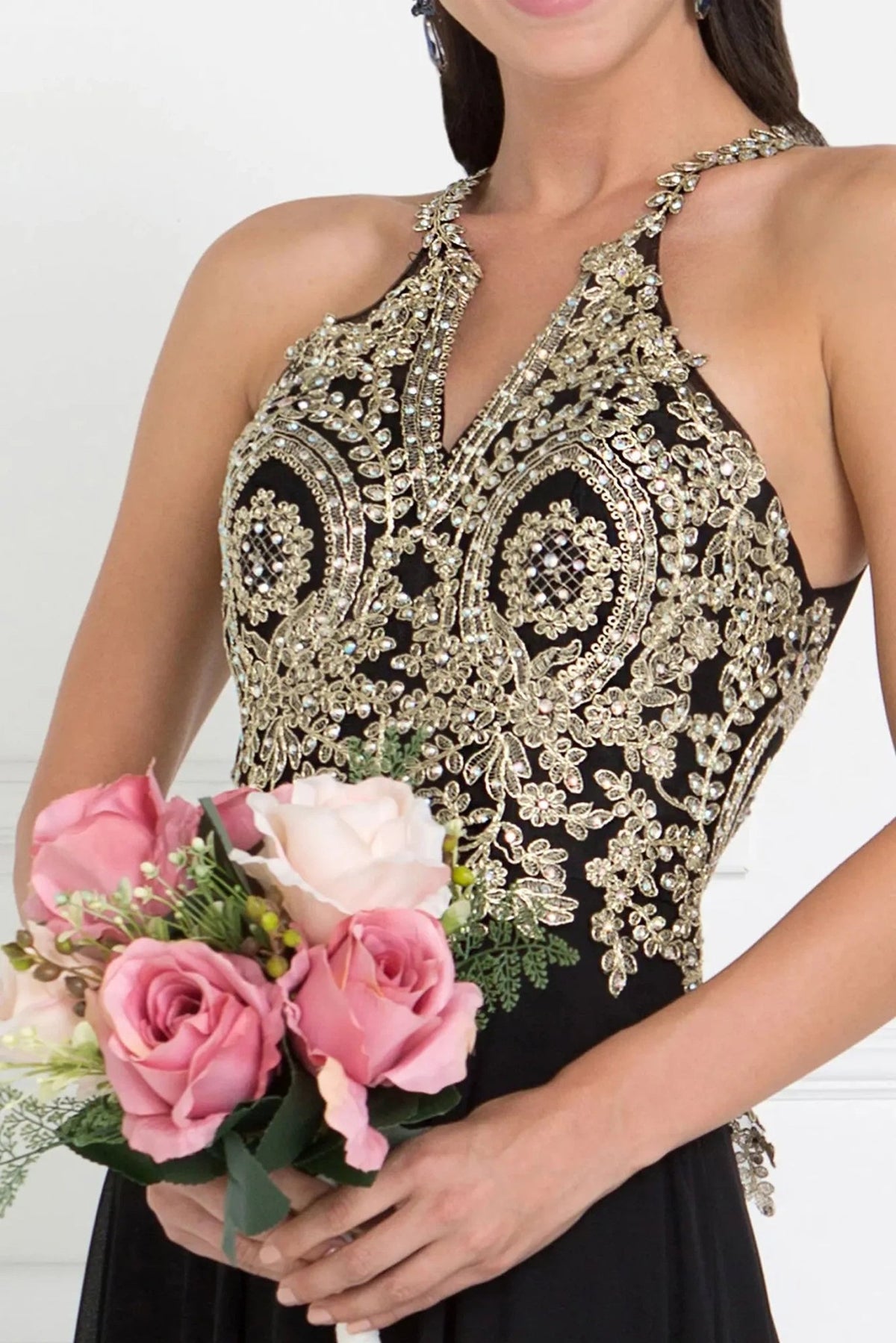 Black embellished embroidery formal dress front bodice view