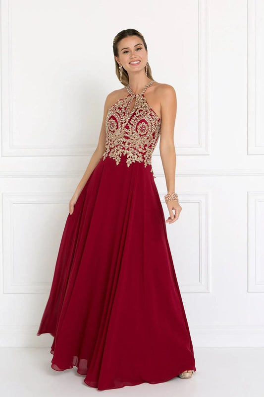 Bodice close-up highlights burgundy embellished embroidery formal dress.