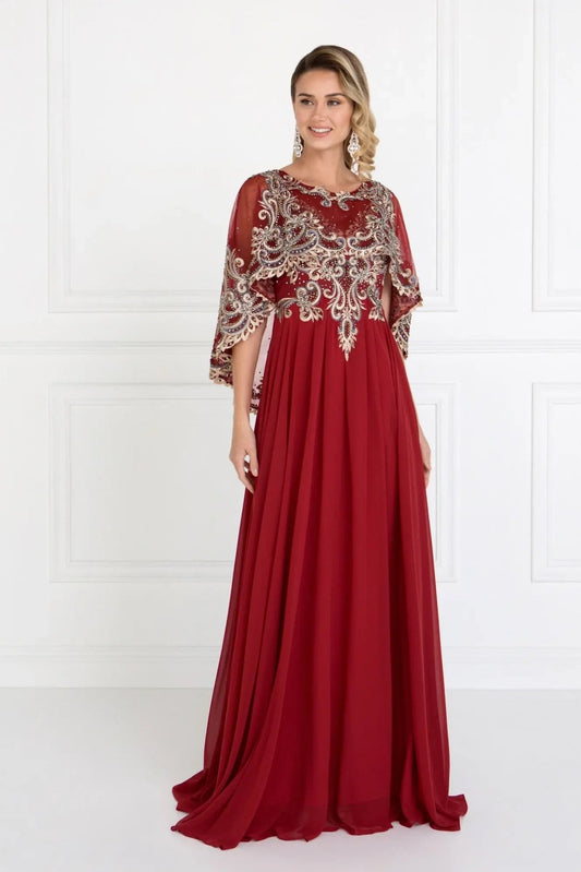 Rear view reveals burgundy embellished embroidery formal dress.