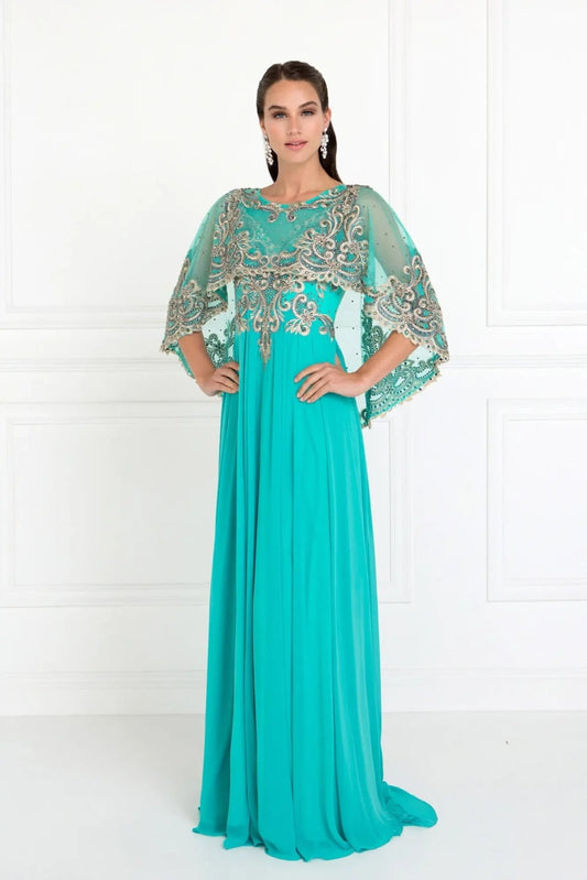 Rear view reveals green embellished embroidery formal dress.
