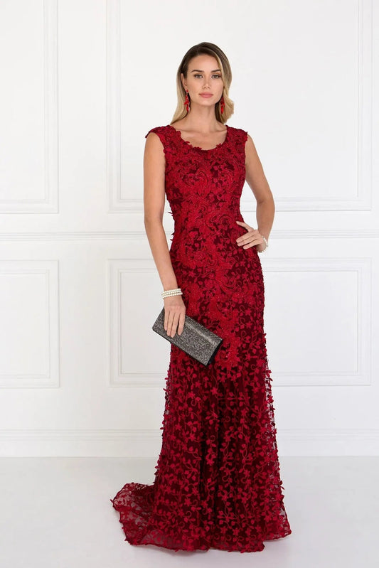 Full-length view highlights burgundy embellished 3d detail formal dress.